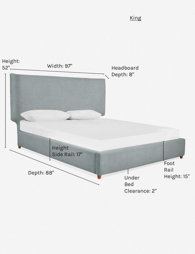 #color::dove #size::king | Dimensions on the king sized Valen dove blue velvet platform bed
