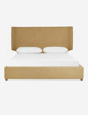 Valen wheat linen upholstered platform bed with a subtle winged headboard and oak wood legs