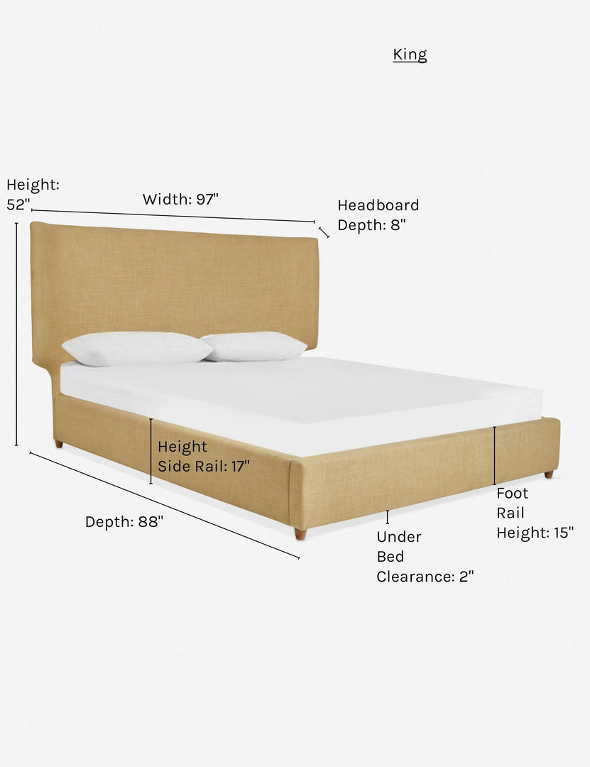 #size::king #color::wheat | Dimensions on the king sized Valen wheat linen platform bed