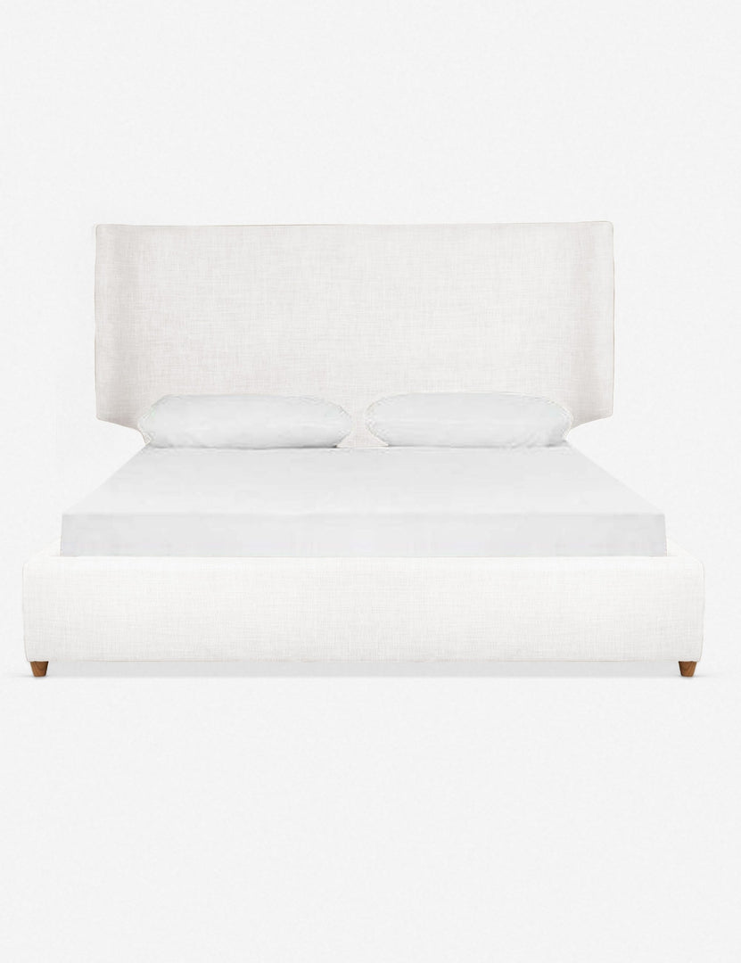 #size::queen #size::king #color::white #size::cal-king | Valen white upholstered platform bed with a subtle winged headboard and oak wood legs