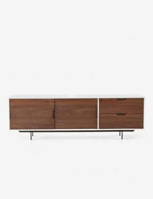 Cordelle wooden media console with sliding cabinet doors wrapped in a high-gloss white frame
