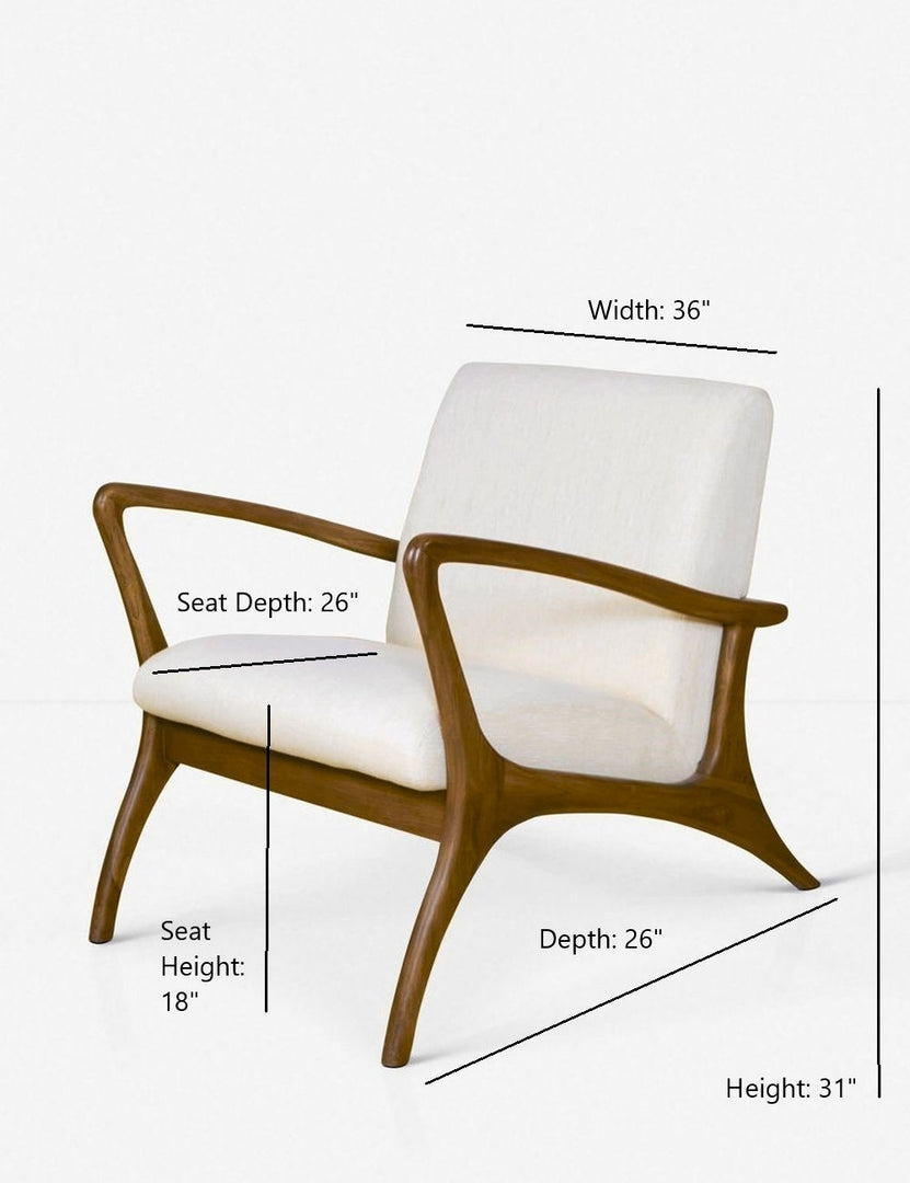 | Dimensions on the Venturi white indoor and outdoor accent chair with wooden legs