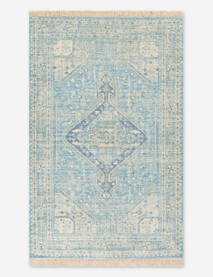 Avelyn persian inspired flatweave light blue rug with a short fringe